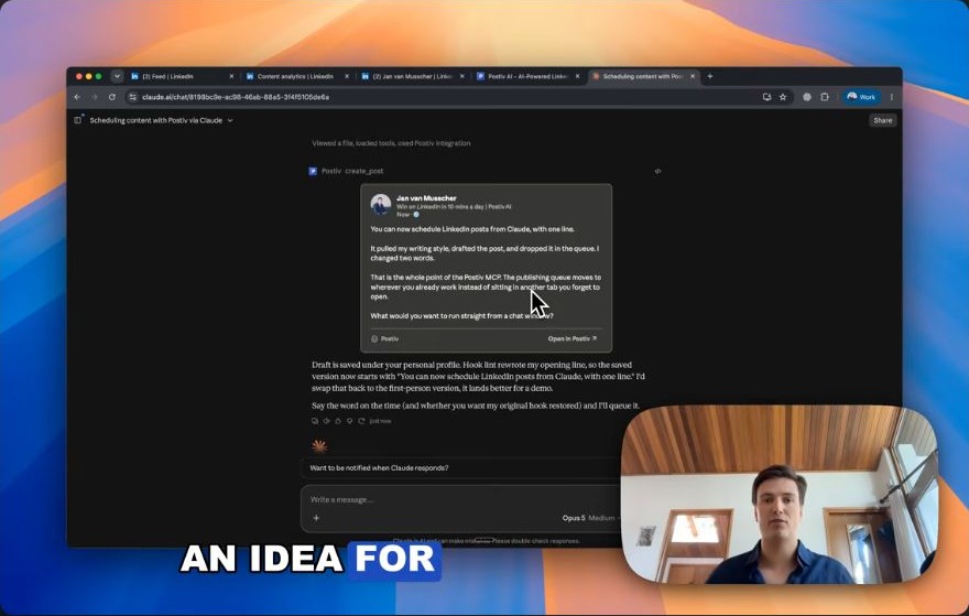 A saved Postiv draft displayed as a LinkedIn-style preview inside Claude