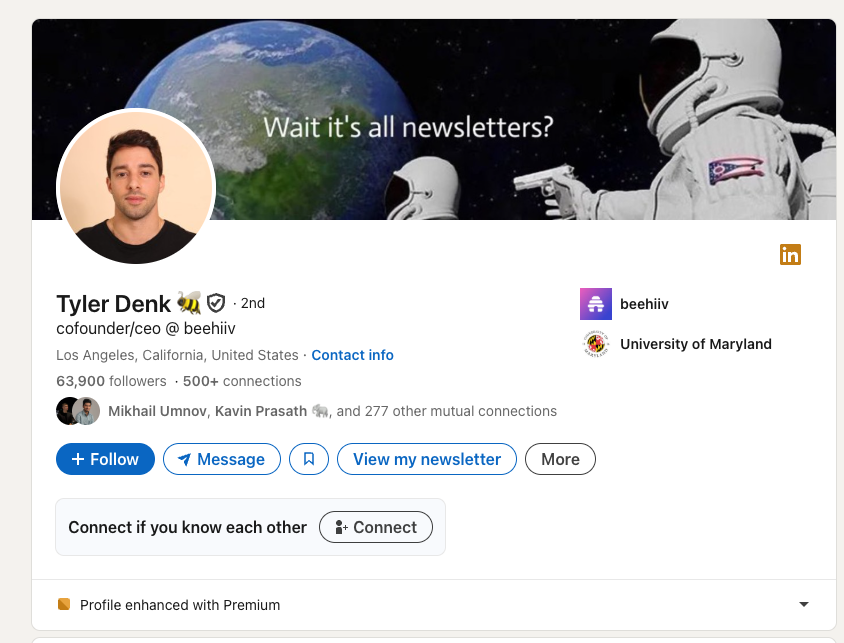 Tyler Denk's LinkedIn profile screenshot
