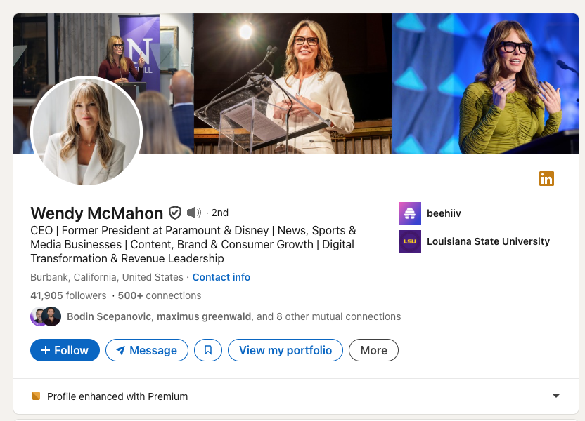 Wendy McMahon's LinkedIn profile screenshot