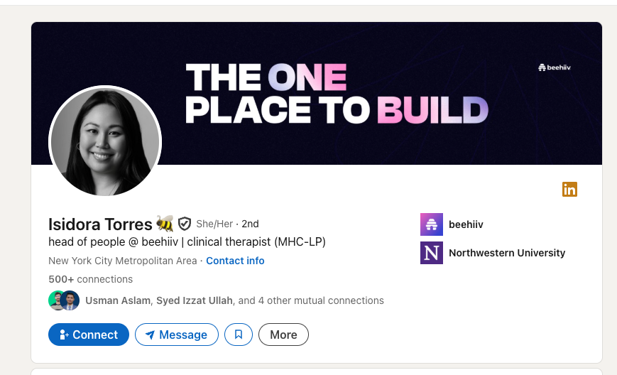 Isidora Torres' LinkedIn profile screenshot