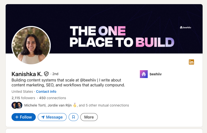 Kanishka K.'s LinkedIn profile screenshot