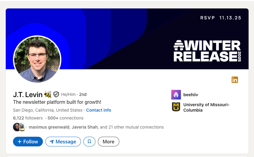 J.T. Levin's LinkedIn profile screenshot