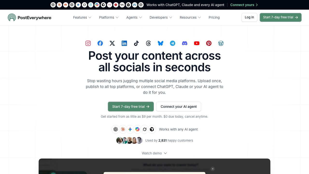 PostEverywhere homepage showing one-upload publishing to twelve platforms and AI agent connections